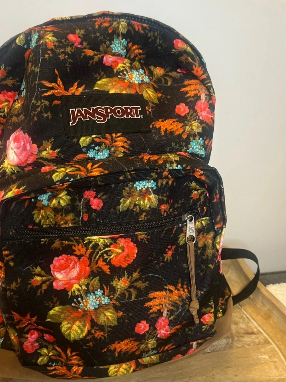 Jansport Black Floral Backpack with Pink and Orange Blooms